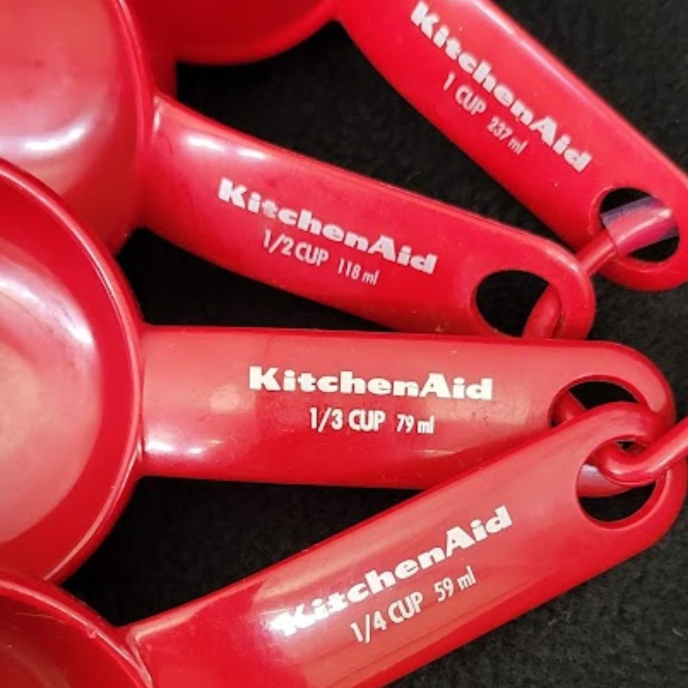 Red KITCHENAID Set of Four (4) Measuring Cups with holder/hanger - EUC